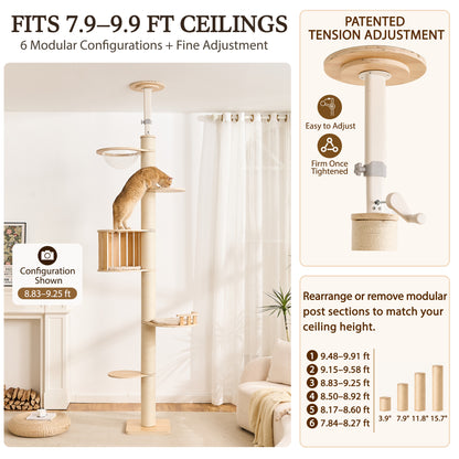 Floor to Ceiling Cat Tree, Adjustable 7.9–9.9 ft Tension Cat Tower, Modern Multi-Level Cat Tree with Thick Sisal Posts, Hidden Caves, Capsule & Perches, No Drilling