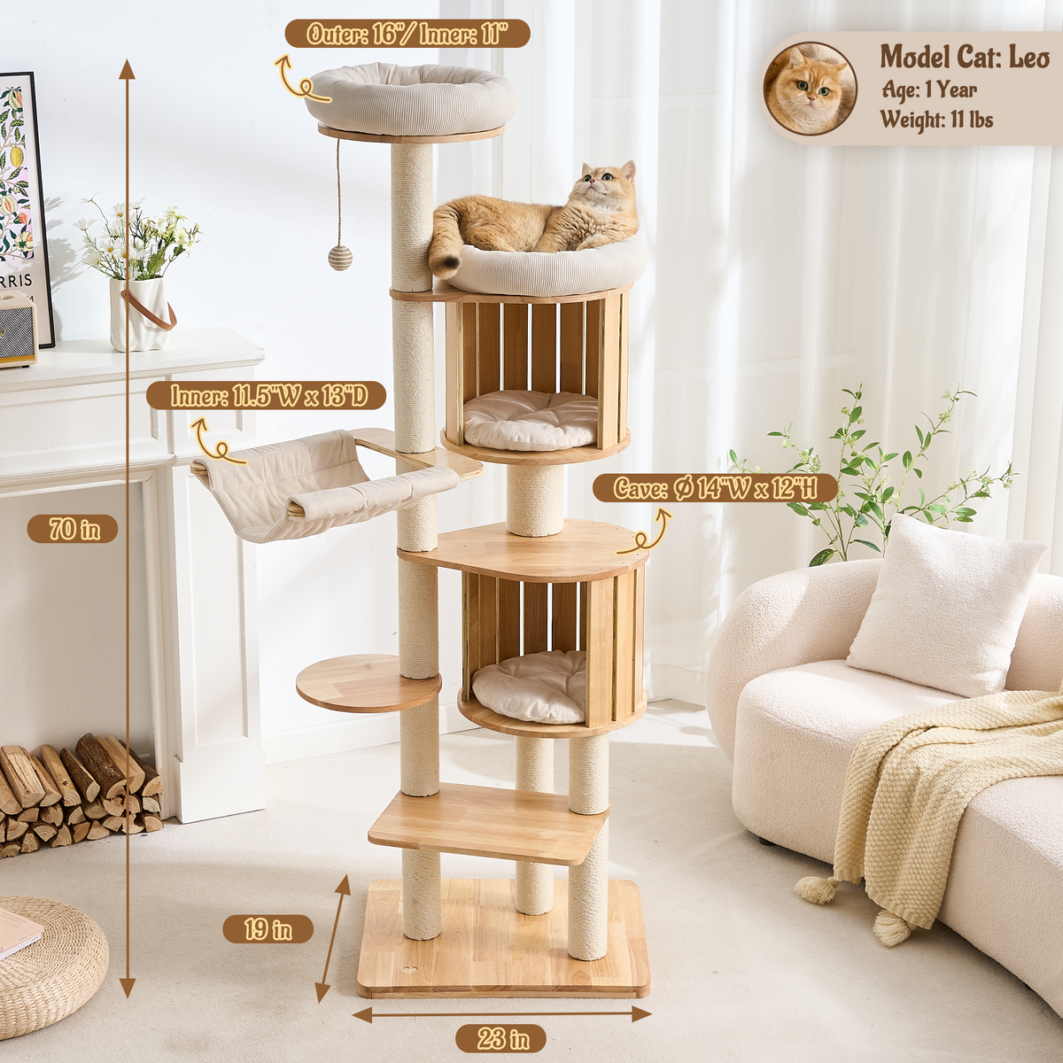 70" Modern Wood Cat Tree for Indoor Cats, Multi-Level Cat Tower with 2 Hidden Cat Caves, Hammock, Elevated Top Beds & Sisal Scratching Posts, Furniture-Style Cat Condo for Multi-Cat Homes