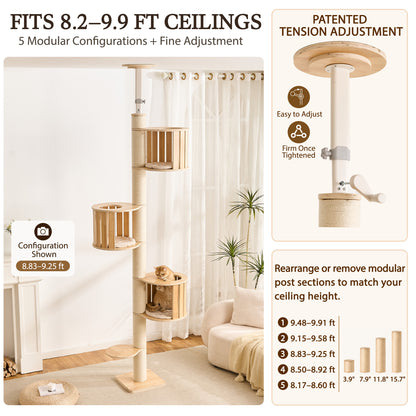 Floor to Ceiling Cat Tree, Adjustable 7.9–9.9 ft Tension Cat Tower, Modern Multi-Level Cat Tree with Thick Sisal Posts, Hidden Caves, Capsule & Perches, No Drilling