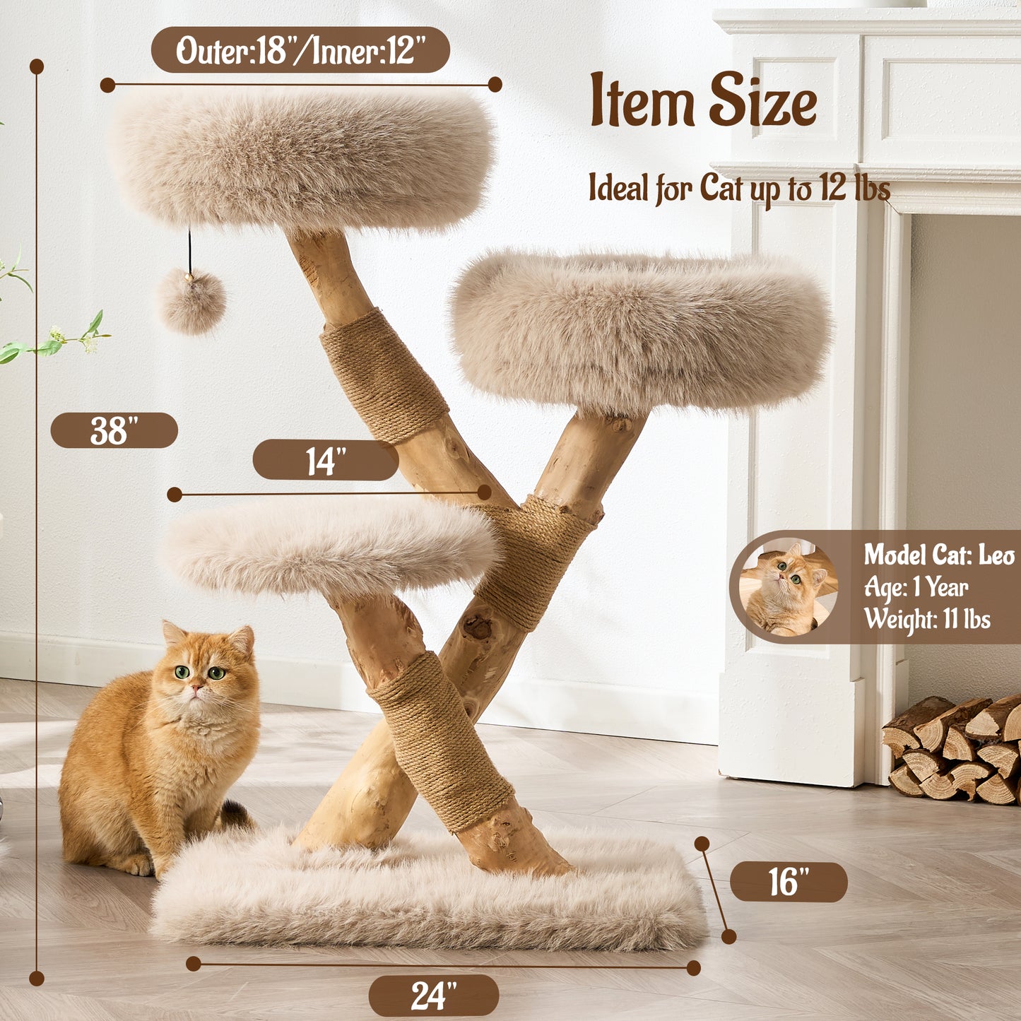 Hittite 38" Modern Cat Tree for Indoor Cats, Aesthetic Natural Wood Cat Tower with Branch-Style Scratching Posts, Luxury Plush Faux Fur Cat Beds with Natural Loft, Perch & Hanging Ball