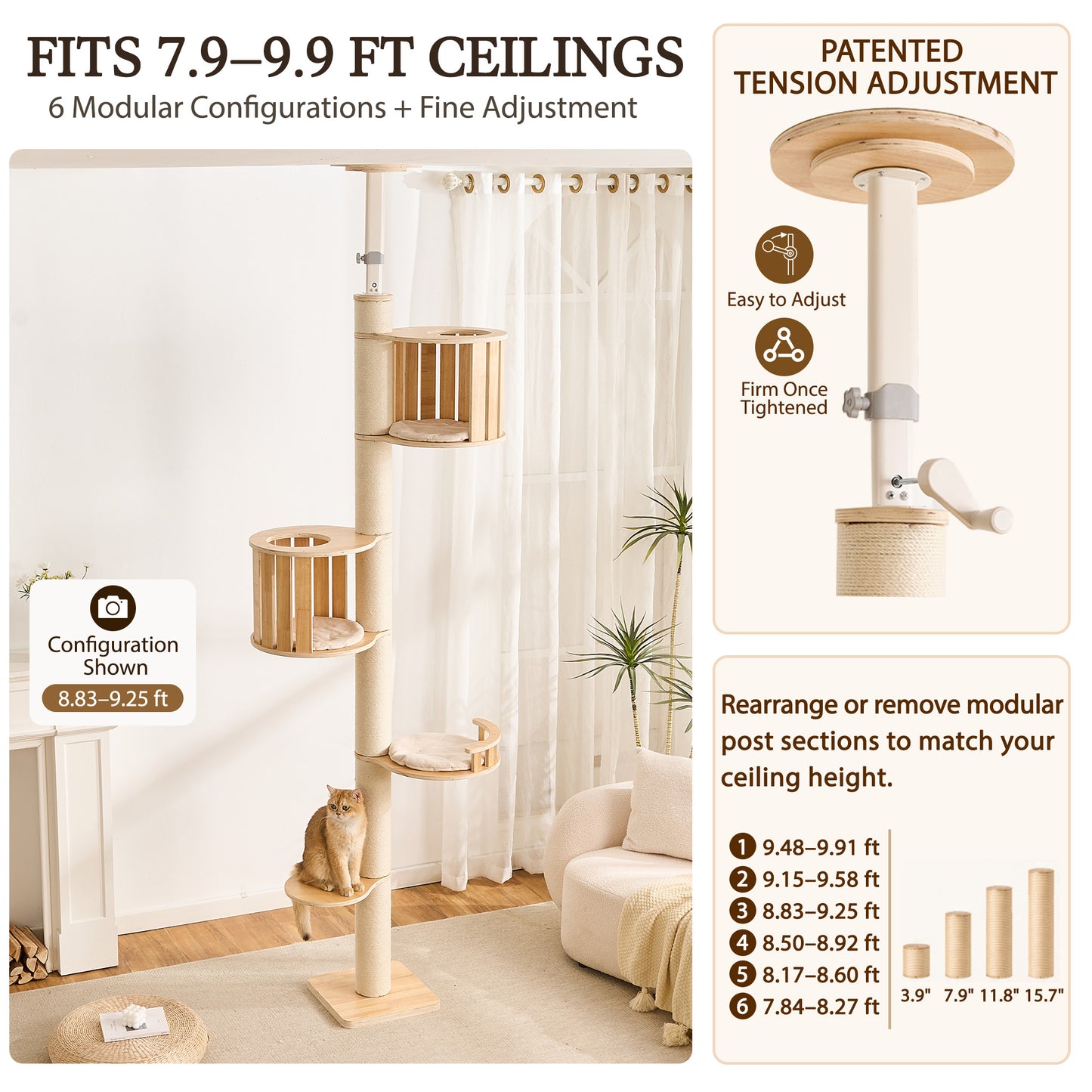 Floor to Ceiling Cat Tree, Adjustable 7.9–9.9 ft Tension Cat Tower, Modern Multi-Level Cat Tree with Thick Sisal Posts, Hidden Caves, Capsule & Perches, No Drilling