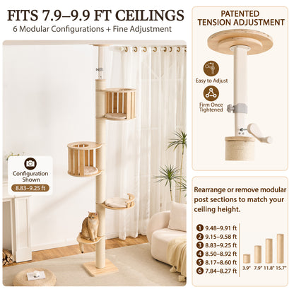 Floor to Ceiling Cat Tree, Adjustable 7.9–9.9 ft Tension Cat Tower, Modern Multi-Level Cat Tree with Thick Sisal Posts, Hidden Caves, Capsule & Perches, No Drilling