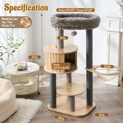 48" Modern Cat Tree for Indoor Cats with Scratching Posts, Multi-Level Wooden Cat Tower with Spacious Top Bed, Condo, Capsule Perch, Furniture-Style Cat Activity Center
