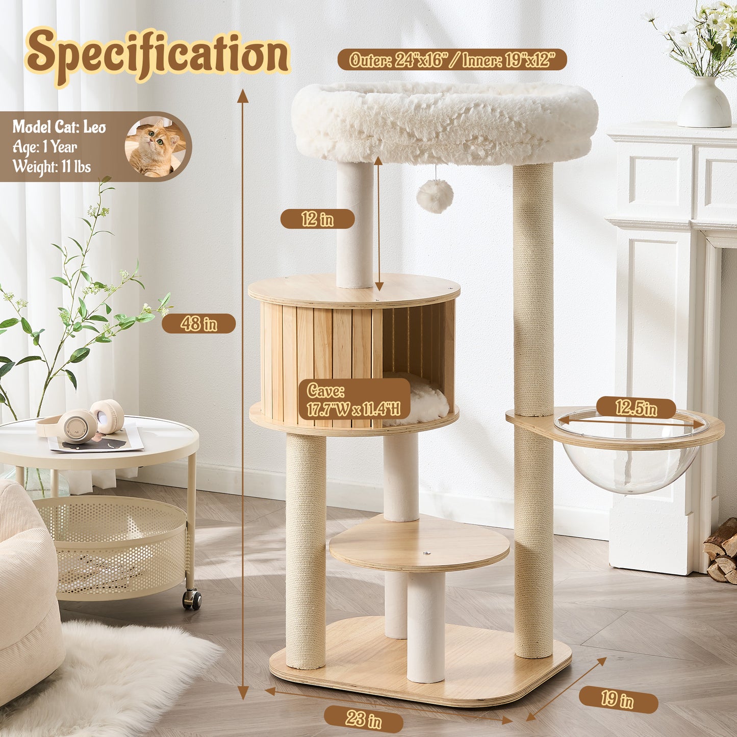 48" Modern Cat Tree for Indoor Cats with Scratching Posts, Multi-Level Wooden Cat Tower with Spacious Top Bed, Condo, Capsule Perch, Furniture-Style Cat Activity Center