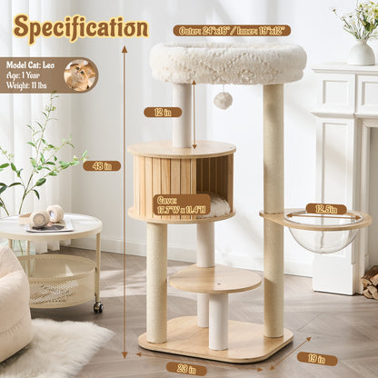48" Modern Cat Tree for Indoor Cats with Scratching Posts, Multi-Level Wooden Cat Tower with Spacious Top Bed, Condo, Capsule Perch, Furniture-Style Cat Activity Center