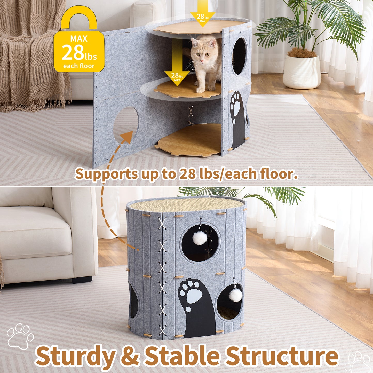797Audio Cat House for Indoor Cats,2-Storey 23" x 15" x 23" Large Felt Covered Cat Cave for Multiple Cats, Clawsable Enclosed Cat Hideout Houses&Condos with Fluffy Ball, Cozy Scratch Resistant House