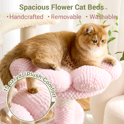 Modern Cat Tree Tower with Scratching Post for Indoor Cats, 50.5" Tall Cat Tree with Flower/Fluffy Cat Beds, Acrylic Capsule, Multi-Level Platforms & Interactive Toy, Brown/Pink