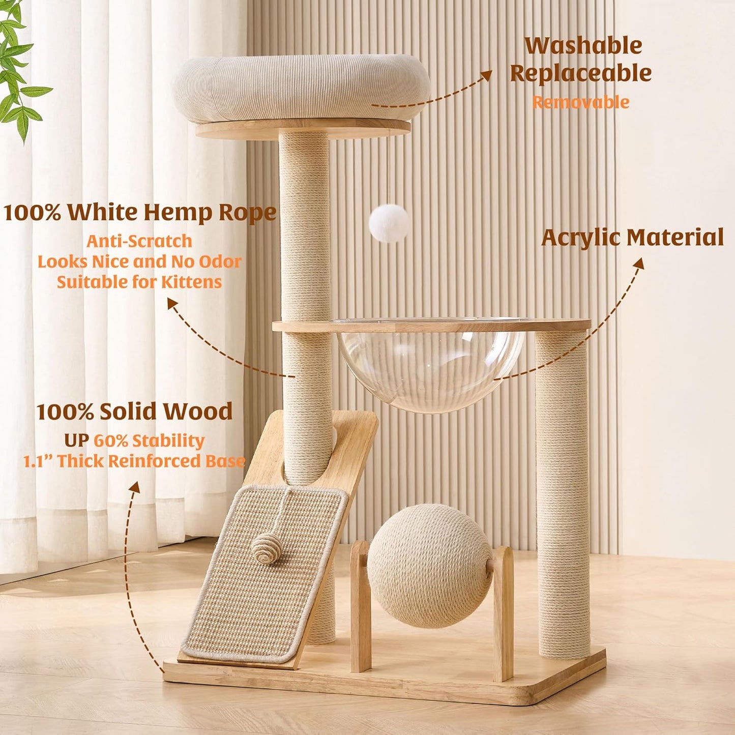 HITTITE Solid Wood Cat Tree Tower with Scratching Post, 37.8 Inches Tall Cat Towers with Scratching Board and Scratcher Ball, Modern Cat Tower With Space Capsule and Removable Top Bed for Indoor Cats.