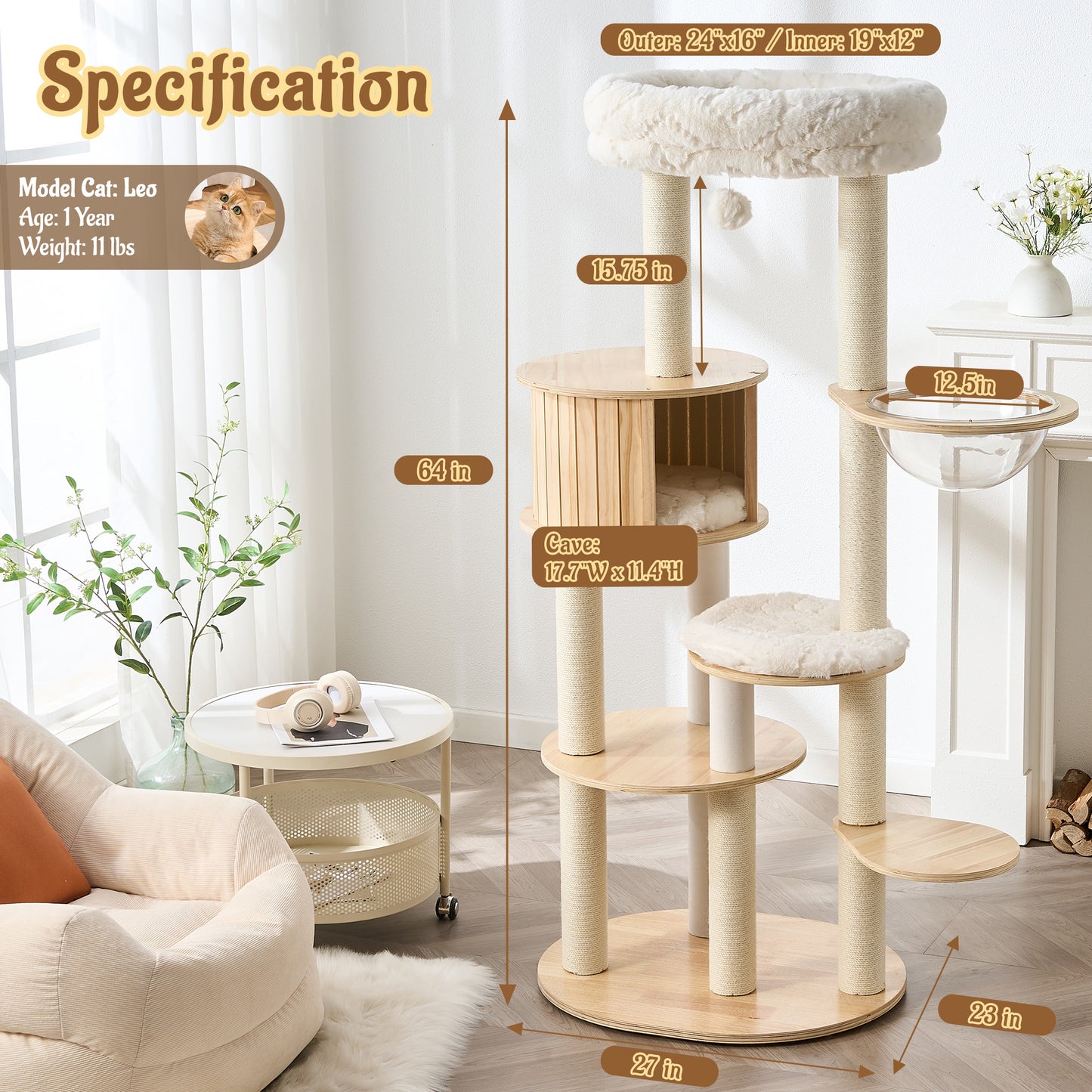 48" Modern Cat Tree for Indoor Cats with Scratching Posts, Multi-Level Wooden Cat Tower with Spacious Top Bed, Condo, Capsule Perch, Furniture-Style Cat Activity Center