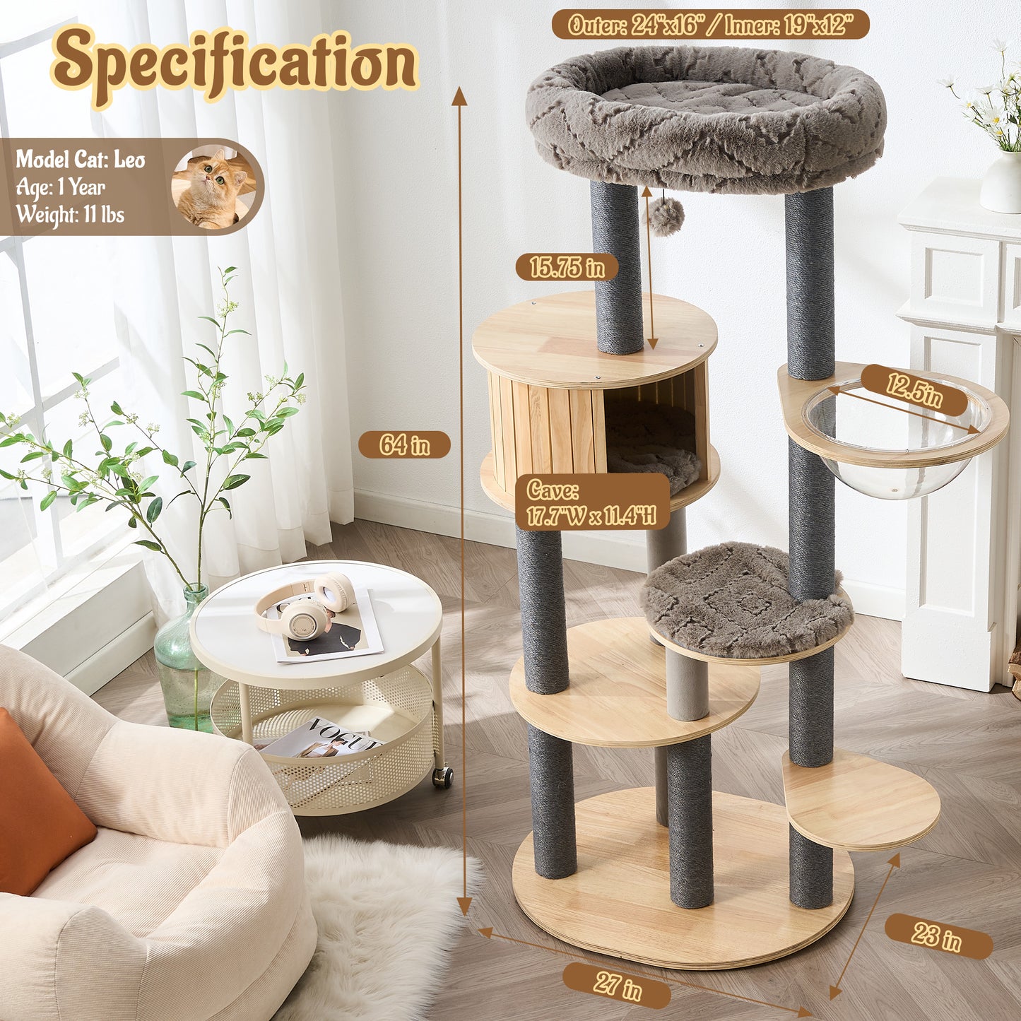 48" Modern Cat Tree for Indoor Cats with Scratching Posts, Multi-Level Wooden Cat Tower with Spacious Top Bed, Condo, Capsule Perch, Furniture-Style Cat Activity Center
