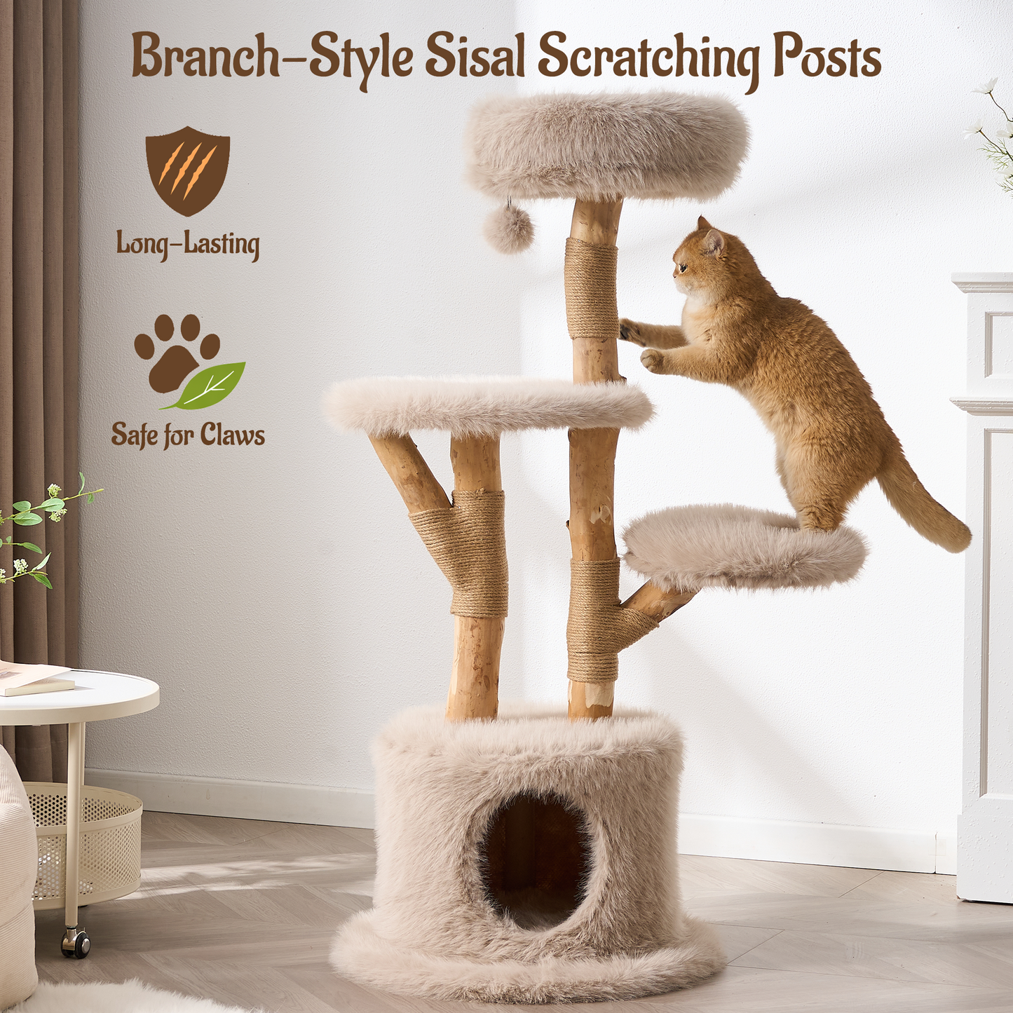 54"/ 58" Modern Aesthetic Cat Tree Tower for Indoor Cats with Branch-Style Natural Wood Scratching Posts, Luxury Plush Faux Fur Cat Bed with Natural Loft, Cave, Perches & Hanging Ball, Almond Khaki