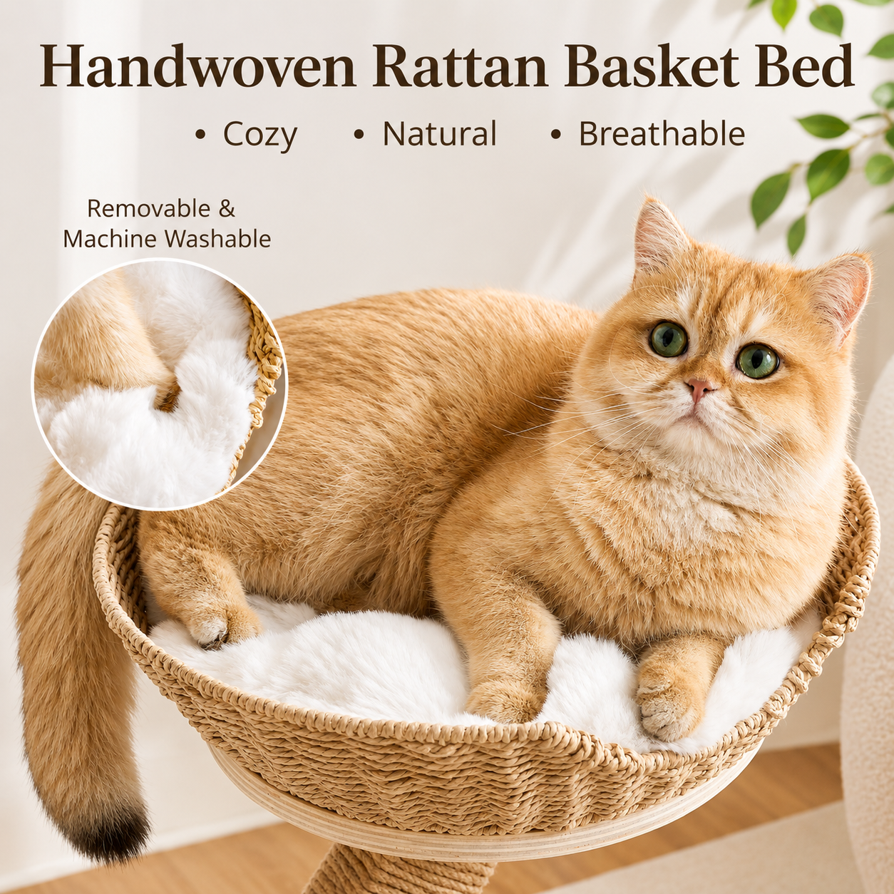 Modern Wood Cat Tree for Indoor Cats Small to Medium, Aesthetic Cat Tower with Handwoven Wicker Cat Beds, Sculpted Wood Branch Scratching Post & Interactive Squeaky Toys, Natural & White