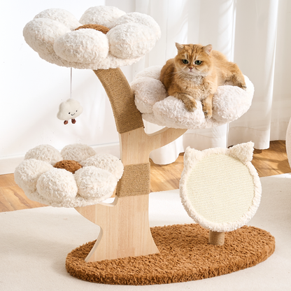 Hittite Aesthetic Flower Cat Tree Tower with Scratching Post for Indoor Cats, 37" Modern Cat Tree with Wood Sculpted Branch, Flower Cat Beds, Scratching Board & Interactive Squeaky Toy