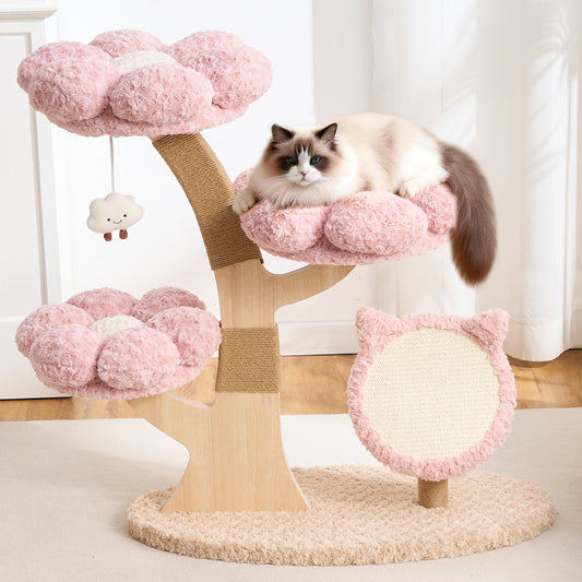 Hittite Aesthetic Flower Cat Tree Tower with Scratching Post for Indoor Cats, 37" Modern Cat Tree with Wood Sculpted Branch, Flower Cat Beds, Scratching Board & Interactive Squeaky Toy