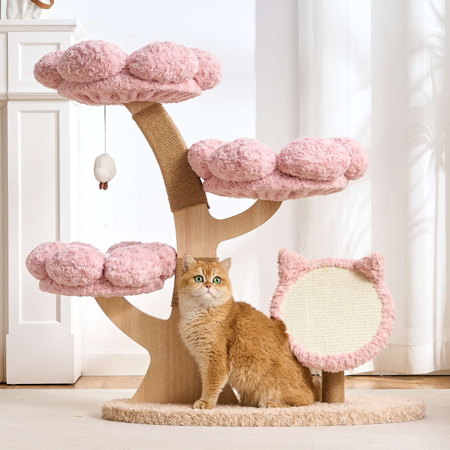 Hittite Aesthetic Flower Cat Tree Tower with Scratching Post for Indoor Cats, 37" Modern Cat Tree with Wood Sculpted Branch, Flower Cat Beds, Scratching Board & Interactive Squeaky Toy