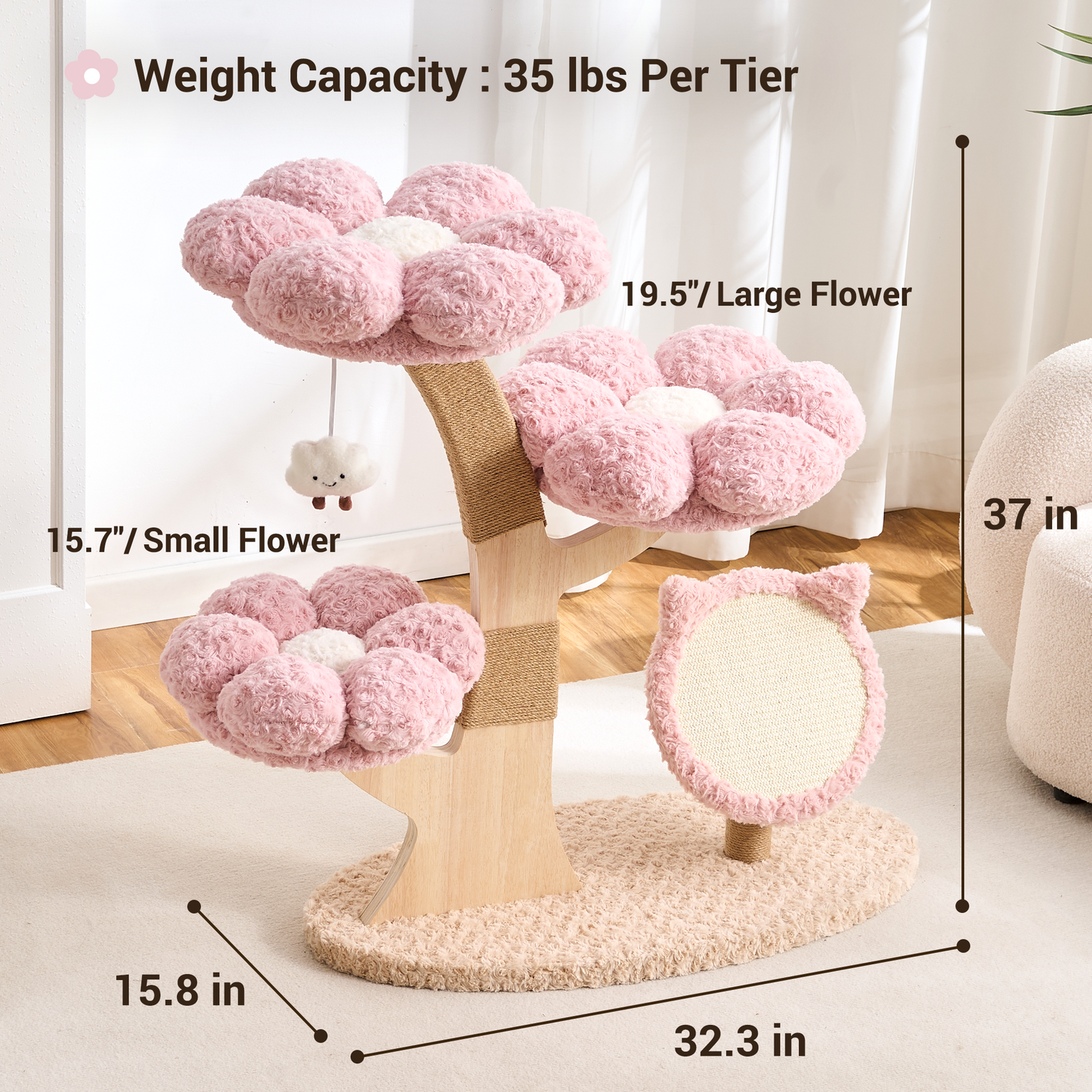 Hittite Aesthetic Flower Cat Tree Tower with Scratching Post for Indoor Cats, 37" Modern Cat Tree with Wood Sculpted Branch, Flower Cat Beds, Scratching Board & Interactive Squeaky Toy