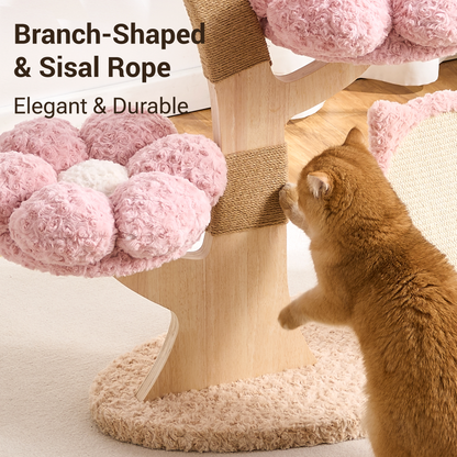 Hittite Aesthetic Flower Cat Tree Tower with Scratching Post for Indoor Cats, 37" Modern Cat Tree with Wood Sculpted Branch, Flower Cat Beds, Scratching Board & Interactive Squeaky Toy