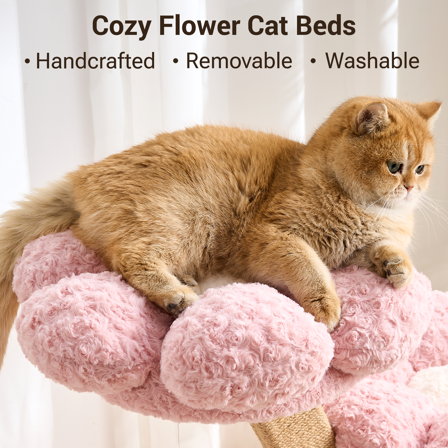 Hittite Aesthetic Flower Cat Tree Tower with Scratching Post for Indoor Cats, 37" Modern Cat Tree with Wood Sculpted Branch, Flower Cat Beds, Scratching Board & Interactive Squeaky Toy
