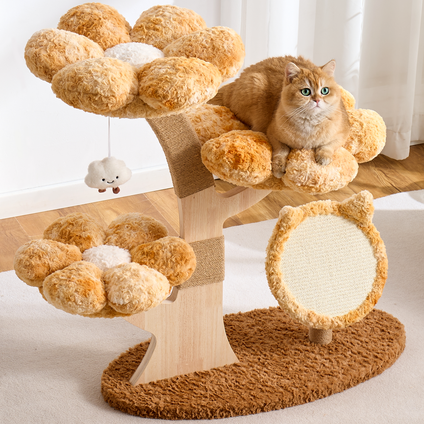Hittite Aesthetic Flower Cat Tree Tower with Scratching Post for Indoor Cats, 37" Modern Cat Tree with Wood Sculpted Branch, Flower Cat Beds, Scratching Board & Interactive Squeaky Toy