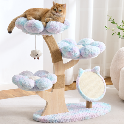 Hittite Aesthetic Flower Cat Tree Tower with Scratching Post for Indoor Cats, 37" Modern Cat Tree with Wood Sculpted Branch, Flower Cat Beds, Scratching Board & Interactive Squeaky Toy