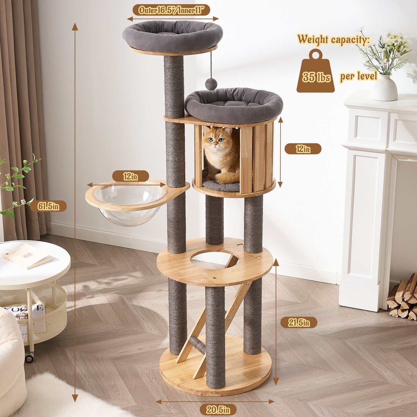 Hittite Modern Cat Tree Tower with Scratching Post, 61.5in Tall Cat Tree for Indoor Cats, Multi-Level Solid Wood Cat Furniture, Cozy Cat Beds, Cat Condo, Capsule Nest, Dangling Toy, Natural