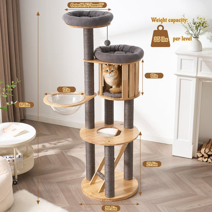 Hittite Modern Cat Tree Tower with Scratching Post, 61.5in Tall Cat Tree for Indoor Cats, Multi-Level Solid Wood Cat Furniture, Cozy Cat Beds, Cat Condo, Capsule Nest, Dangling Toy, Natural