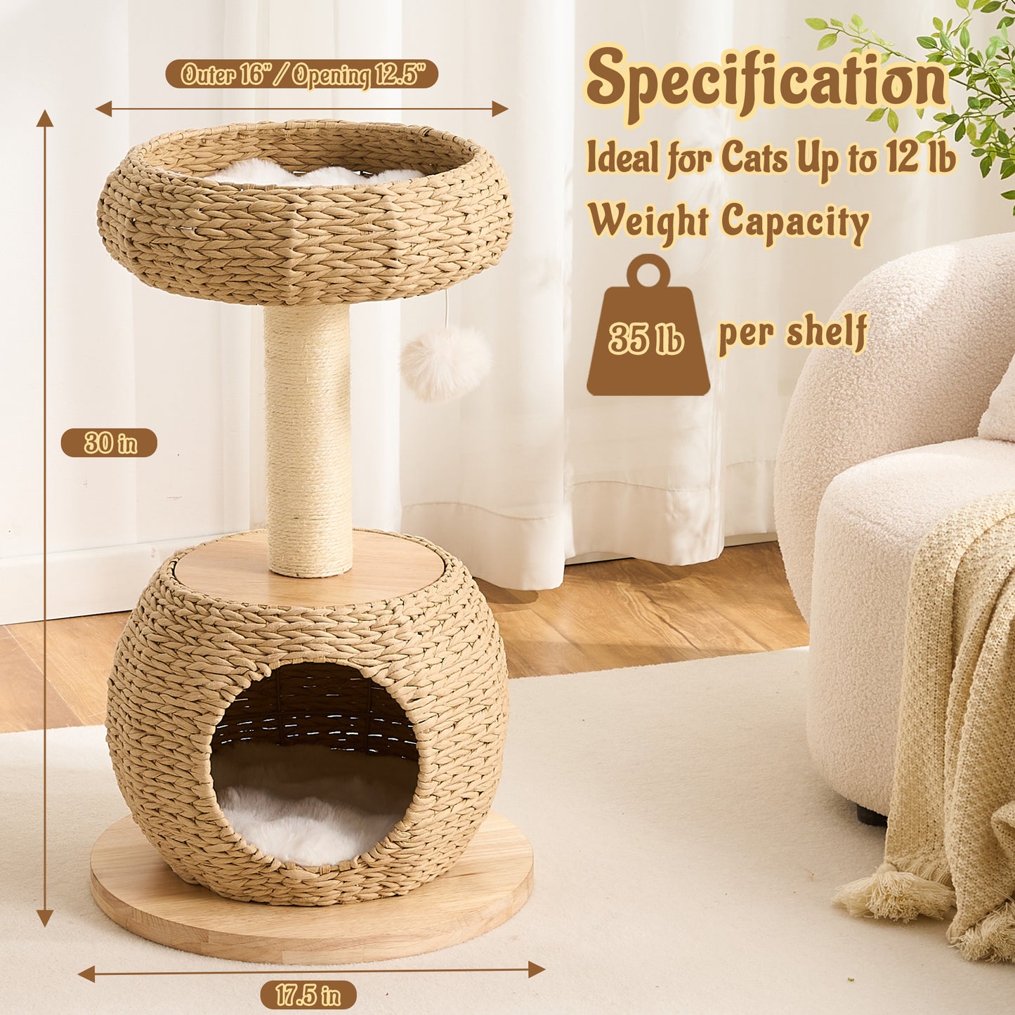 Hittite 38" Modern Cat Tree Tower for Indoor Cats, Solid Wood Cat Furniture with Handwoven Rattan Basket Bed & Cave, Sisal Scratching Posts and Self-Groomer, Space-Saving Cat Condo