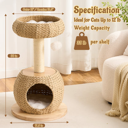 Hittite 38" Modern Cat Tree Tower for Indoor Cats, Solid Wood Cat Furniture with Handwoven Rattan Basket Bed & Cave, Sisal Scratching Posts and Self-Groomer, Space-Saving Cat Condo