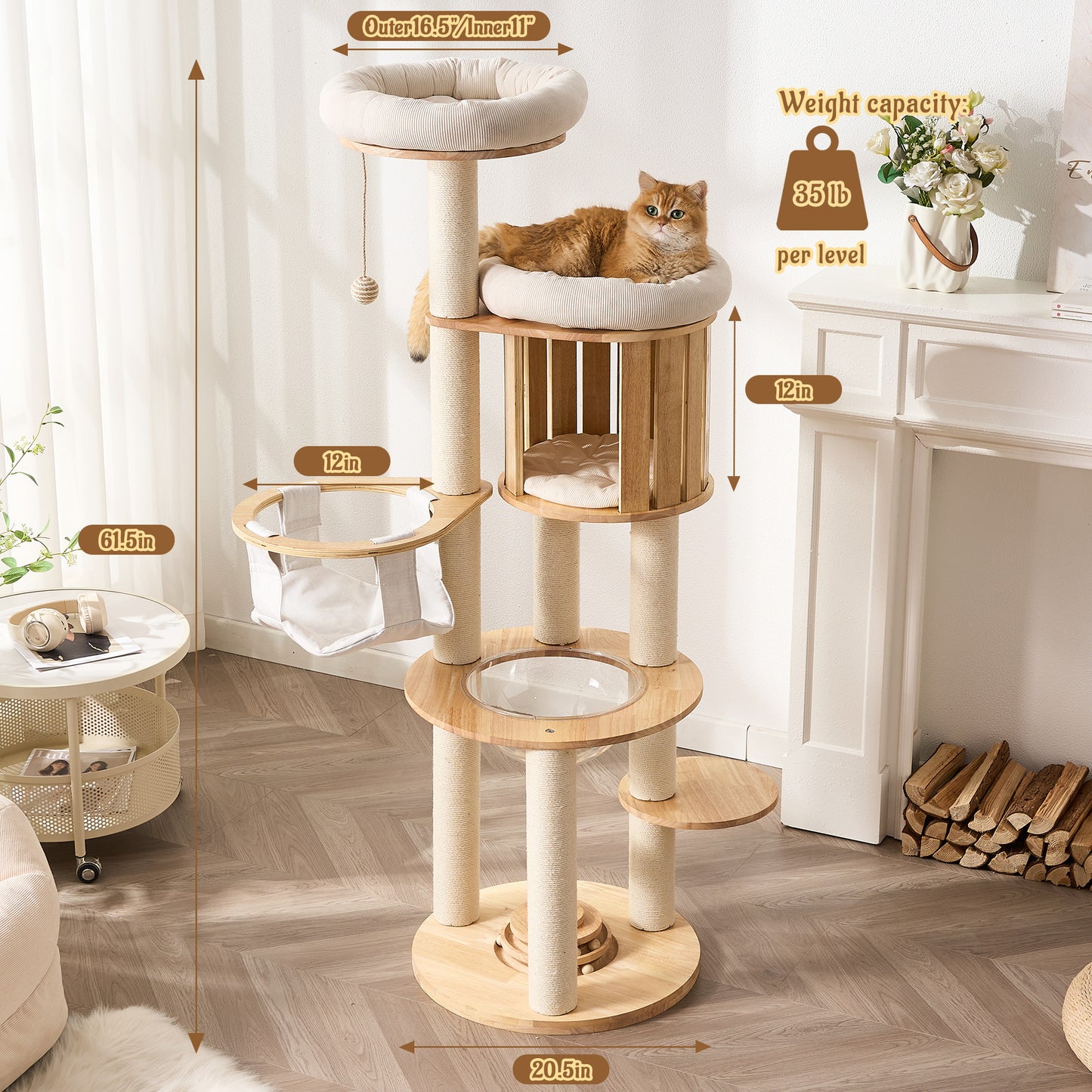 Hittite Modern Cat Tree Tower with Scratching Post, 61.5in Tall Cat Tree for Indoor Cats, Multi-Level Solid Wood Cat Furniture, Cozy Cat Beds, Cat Condo, Capsule Nest, Dangling Toy, Natural