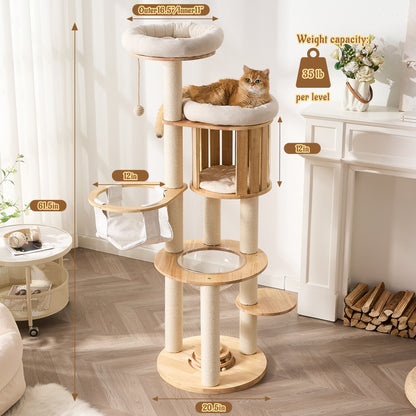 Hittite Modern Cat Tree Tower with Scratching Post, 61.5in Tall Cat Tree for Indoor Cats, Multi-Level Solid Wood Cat Furniture, Cozy Cat Beds, Cat Condo, Capsule Nest, Dangling Toy, Natural