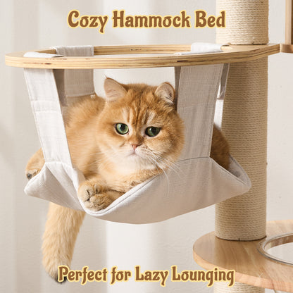 Hittite Modern Cat Tree Tower with Scratching Post, 61.5in Tall Cat Tree for Indoor Cats, Multi-Level Solid Wood Cat Furniture, Cozy Cat Beds, Cat Condo, Capsule Nest, Dangling Toy, Natural