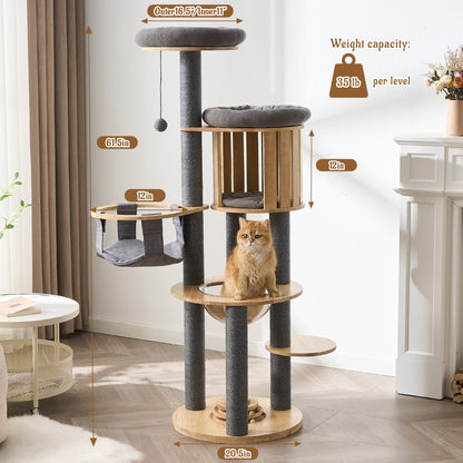 Hittite Modern Cat Tree Tower with Scratching Post, 61.5in Tall Cat Tree for Indoor Cats, Multi-Level Solid Wood Cat Furniture, Cozy Cat Beds, Cat Condo, Capsule Nest, Dangling Toy, Natural
