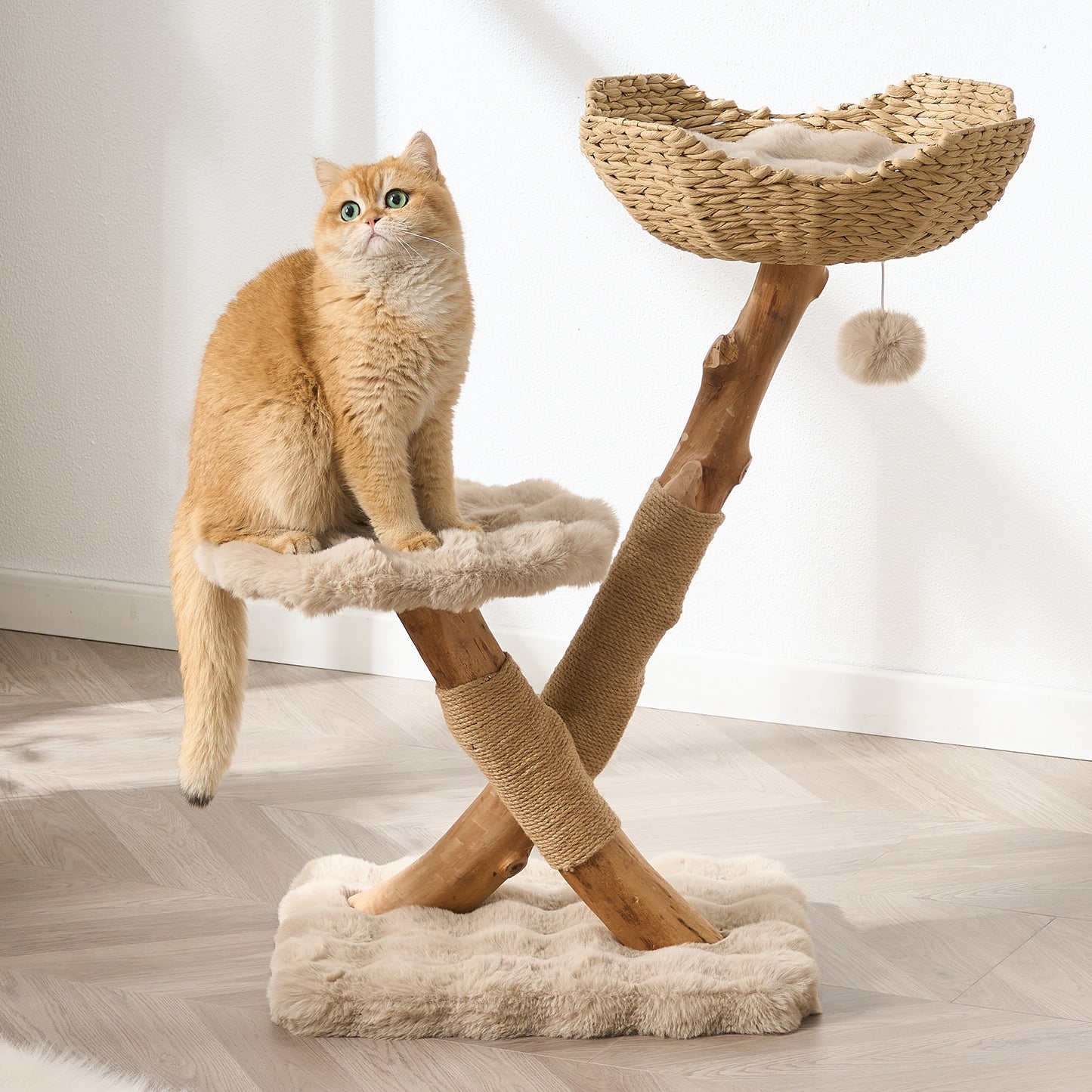 Hittite Natural Wood Cat Tree for Indoor Cats Small to Medium Up to 12lbs, 33in Modern Cat Tree Tower with Super Soft Plush Cat Bed & Perch, Sisal Scratching Posts and Hanging Plush Ball, Soft Khaki