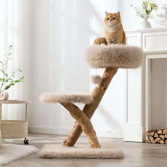 Hittite 33" Modern Cat Tree for Indoor Cats, Aesthetic Natural Wood Cat Tower with Branch-Style Scratching Posts, Luxury Plush Faux Fur Cat Bed with Natural Loft, Perch & Hanging Ball