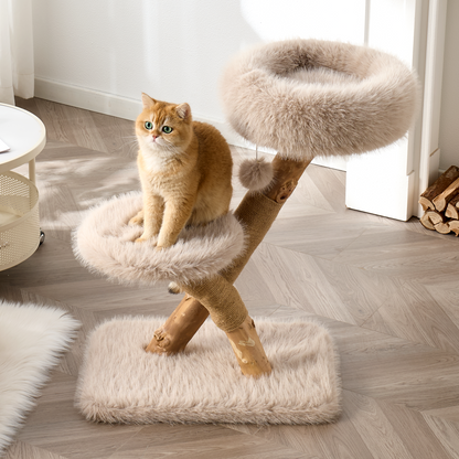 Hittite 33" Modern Cat Tree for Indoor Cats, Aesthetic Natural Wood Cat Tower with Branch-Style Scratching Posts, Luxury Plush Faux Fur Cat Bed with Natural Loft, Perch & Hanging Ball