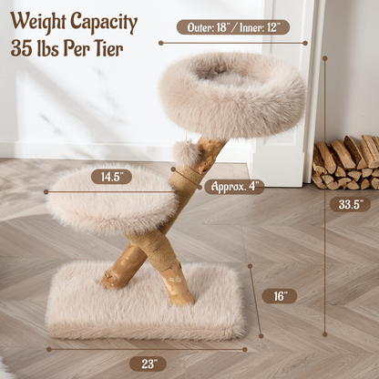 Hittite 33" Modern Cat Tree for Indoor Cats, Aesthetic Natural Wood Cat Tower with Branch-Style Scratching Posts, Luxury Plush Faux Fur Cat Bed with Natural Loft, Perch & Hanging Ball