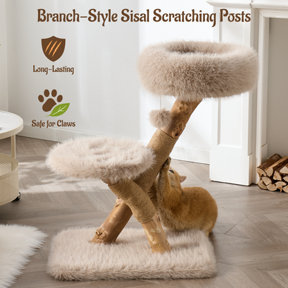 Hittite 33" Modern Cat Tree for Indoor Cats, Aesthetic Natural Wood Cat Tower with Branch-Style Scratching Posts, Luxury Plush Faux Fur Cat Bed with Natural Loft, Perch & Hanging Ball