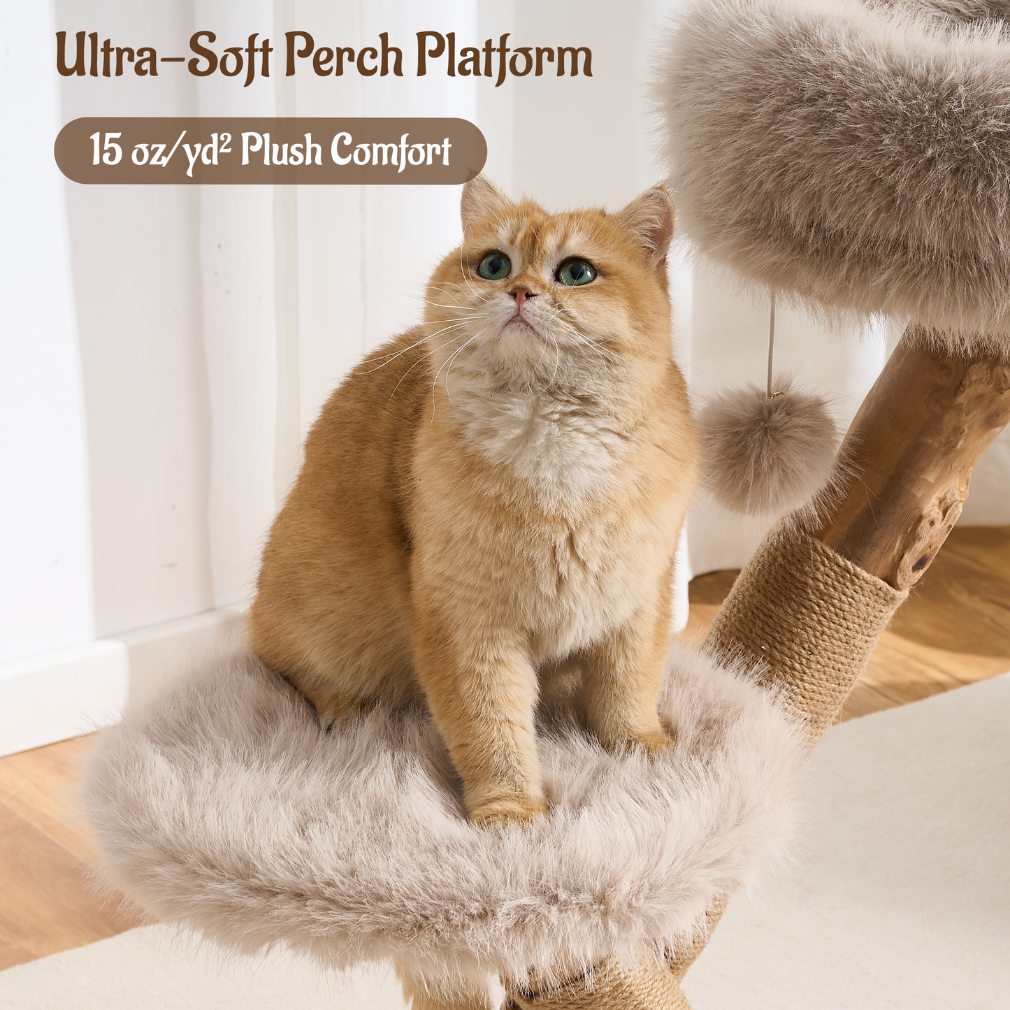 Hittite 33" Modern Cat Tree for Indoor Cats, Aesthetic Natural Wood Cat Tower with Branch-Style Scratching Posts, Luxury Plush Faux Fur Cat Bed with Natural Loft, Perch & Hanging Ball