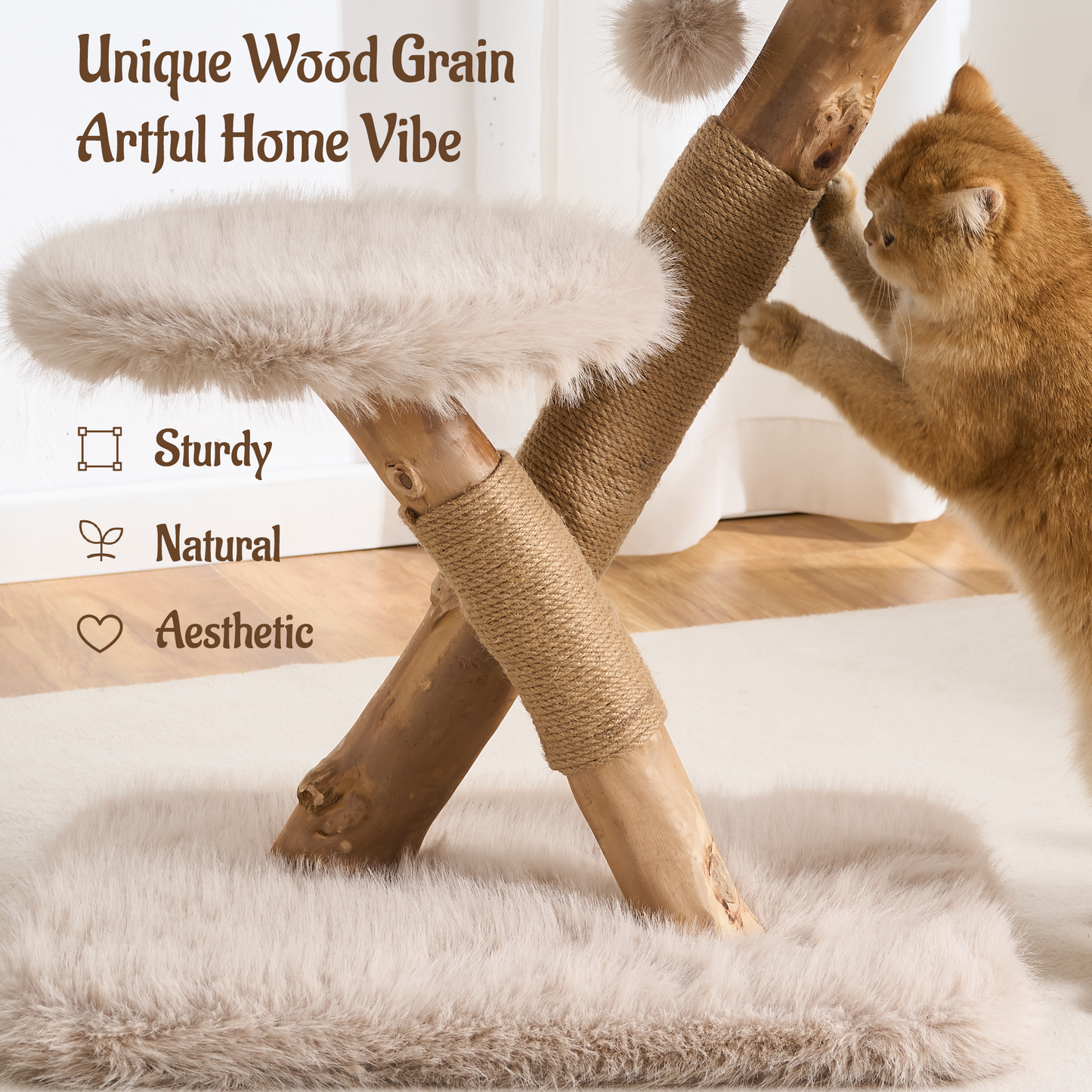 Hittite 33" Modern Cat Tree for Indoor Cats, Aesthetic Natural Wood Cat Tower with Branch-Style Scratching Posts, Luxury Plush Faux Fur Cat Bed with Natural Loft, Perch & Hanging Ball
