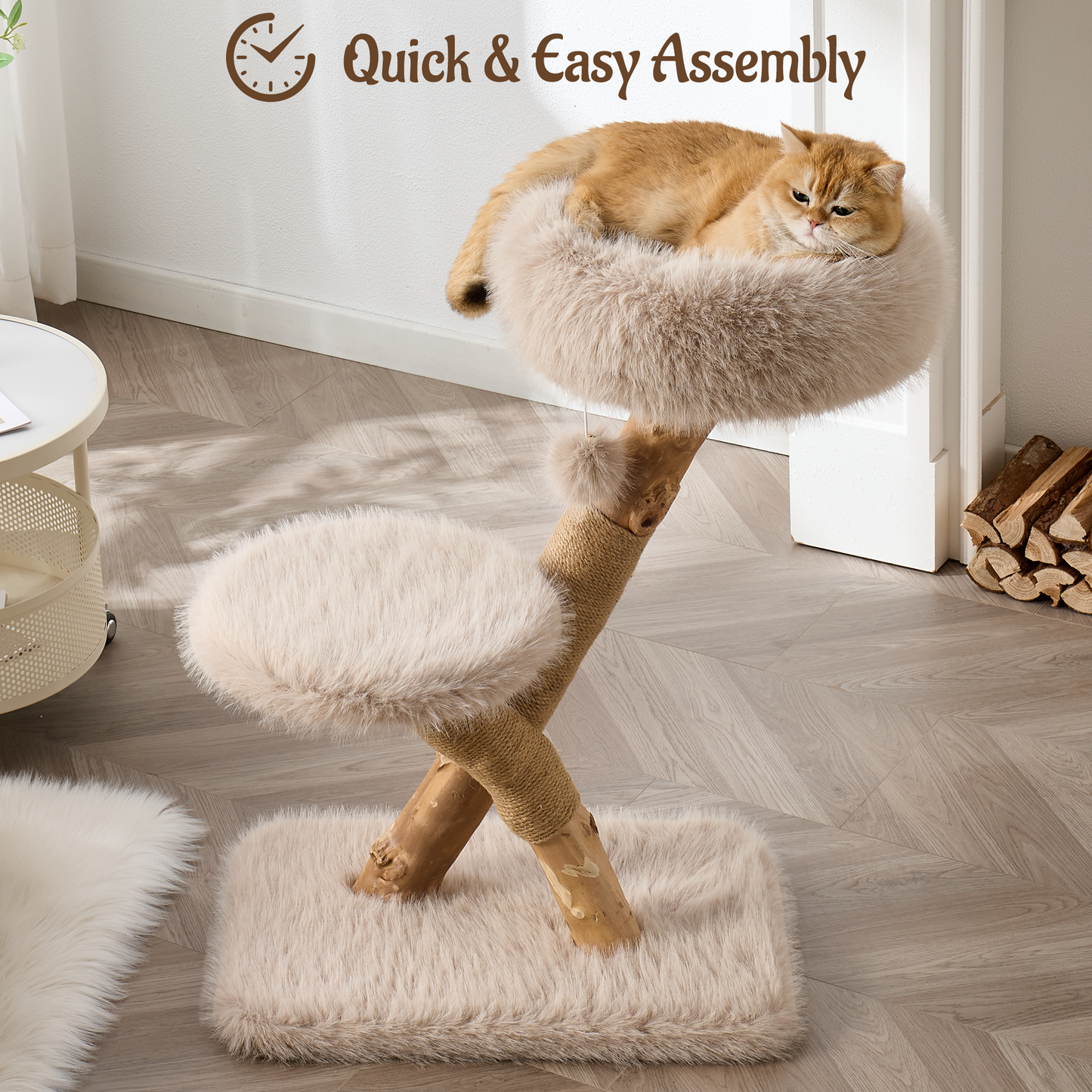 Hittite 33" Modern Cat Tree for Indoor Cats, Aesthetic Natural Wood Cat Tower with Branch-Style Scratching Posts, Luxury Plush Faux Fur Cat Bed with Natural Loft, Perch & Hanging Ball