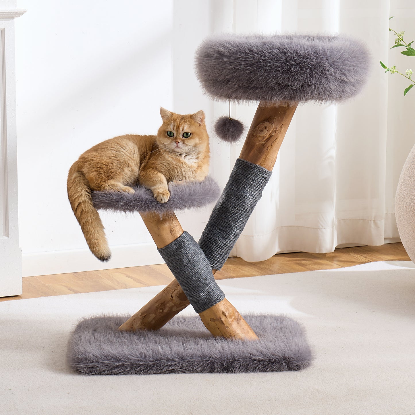 Hittite 33" Modern Cat Tree for Indoor Cats, Aesthetic Natural Wood Cat Tower with Branch-Style Scratching Posts, Luxury Plush Faux Fur Cat Bed with Natural Loft, Perch & Hanging Ball