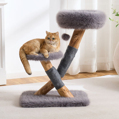 Hittite 33" Modern Cat Tree for Indoor Cats, Aesthetic Natural Wood Cat Tower with Branch-Style Scratching Posts, Luxury Plush Faux Fur Cat Bed with Natural Loft, Perch & Hanging Ball