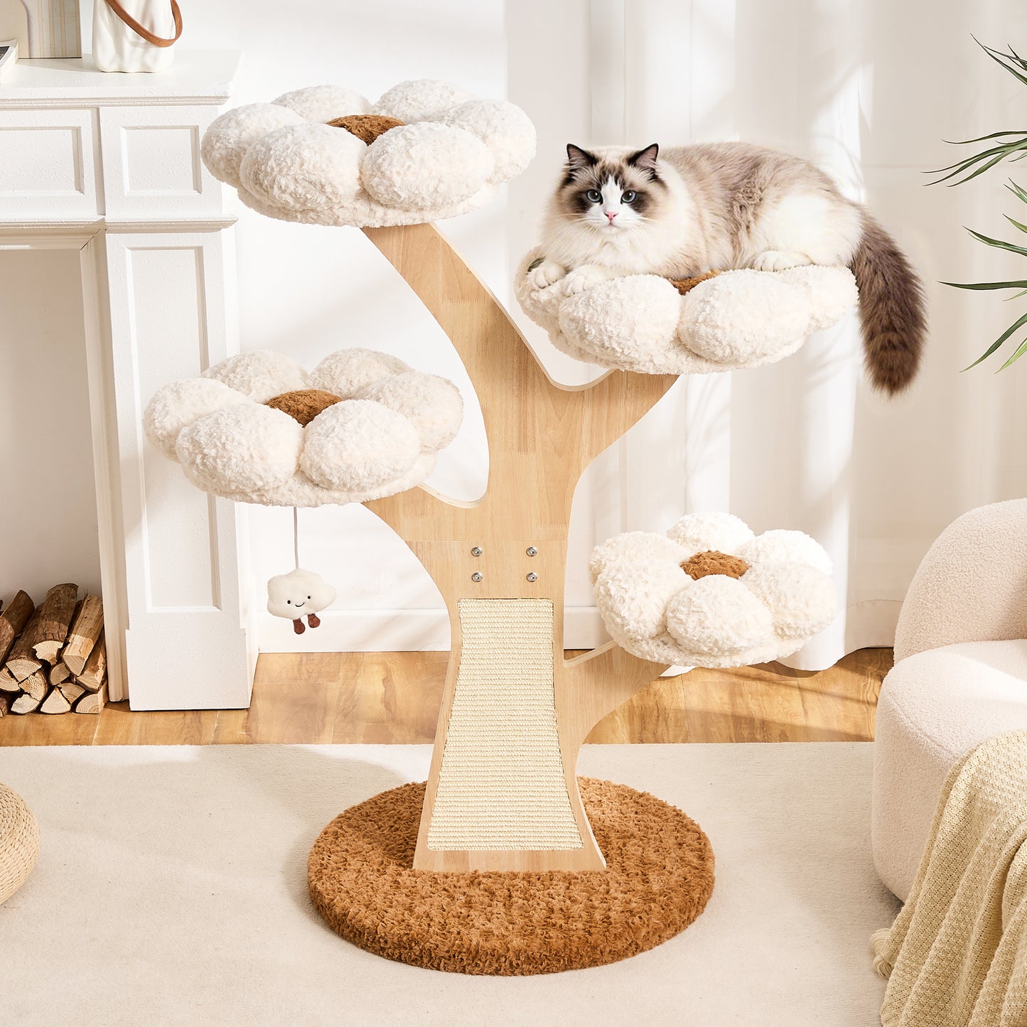 Hittite Aesthetic Flower Cat Tree Tower with Scratching Post for Indoor Cats, 48" Modern Cat Tree with Wood Sculpted Branch, Flower Cat Beds, Scratching Board & Interactive Squeaky Toy