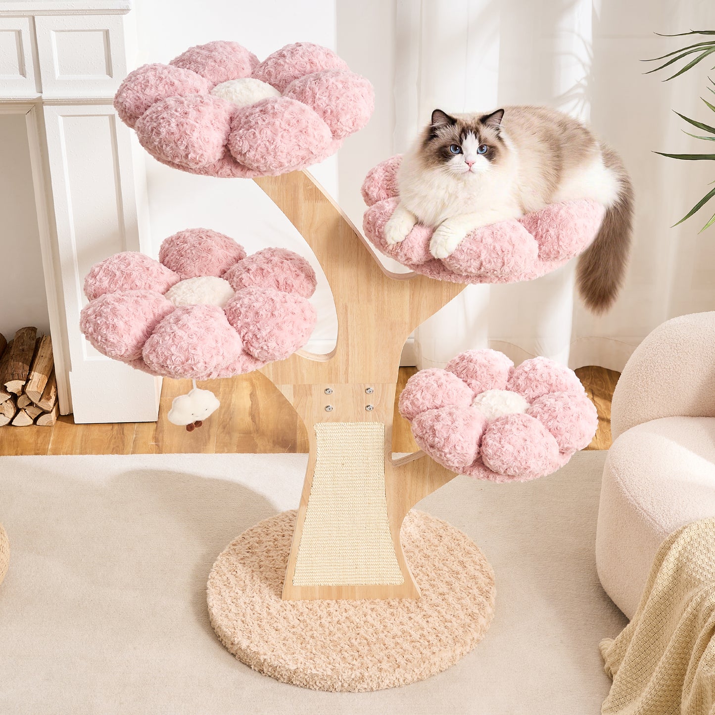 Hittite Aesthetic Flower Cat Tree Tower with Scratching Post for Indoor Cats, 48" Modern Cat Tree with Wood Sculpted Branch, Flower Cat Beds, Scratching Board & Interactive Squeaky Toy