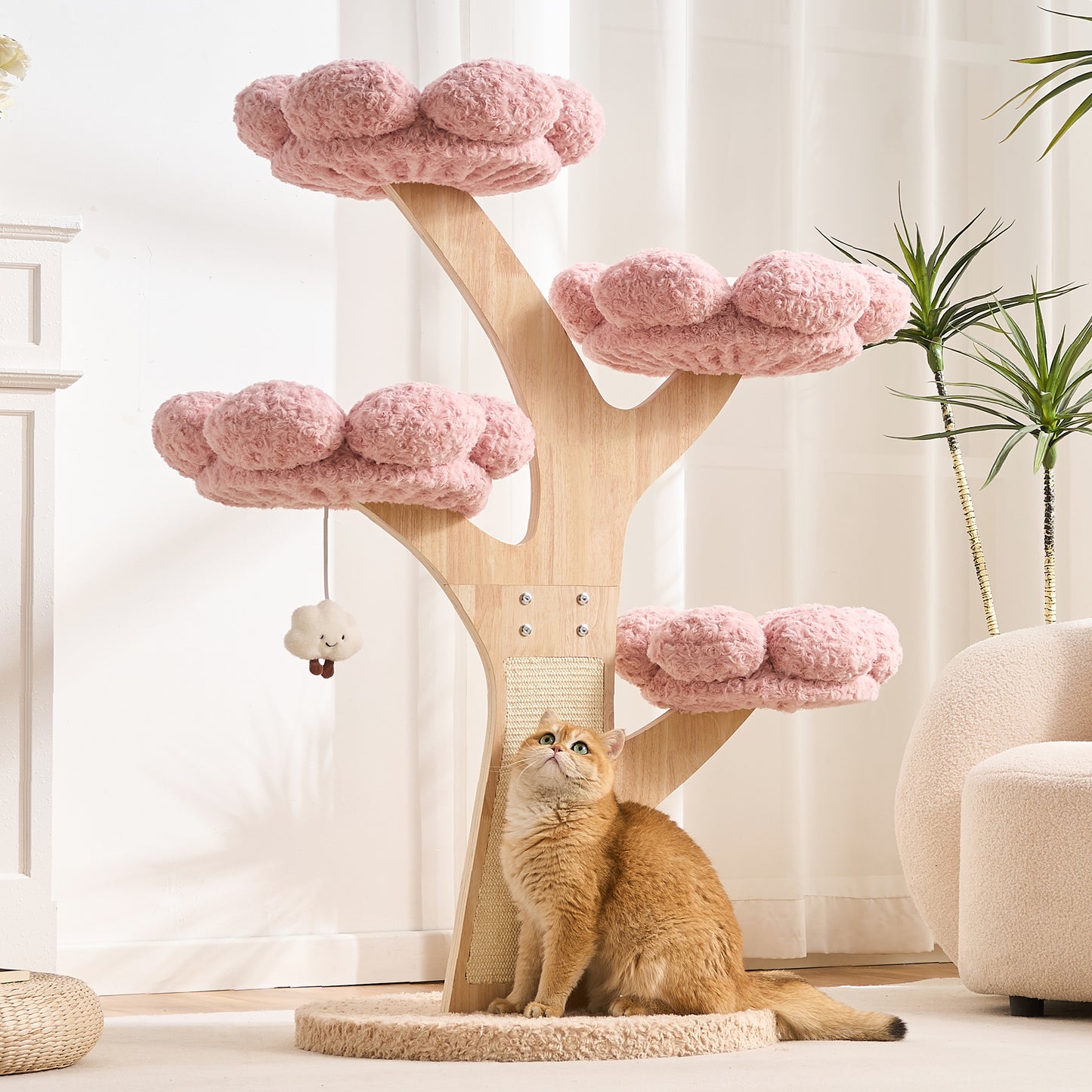 Hittite Aesthetic Flower Cat Tree Tower with Scratching Post for Indoor Cats, 48" Modern Cat Tree with Wood Sculpted Branch, Flower Cat Beds, Scratching Board & Interactive Squeaky Toy