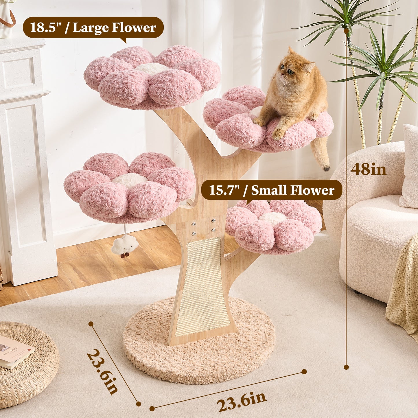 Hittite Aesthetic Flower Cat Tree Tower with Scratching Post for Indoor Cats, 48" Modern Cat Tree with Wood Sculpted Branch, Flower Cat Beds, Scratching Board & Interactive Squeaky Toy