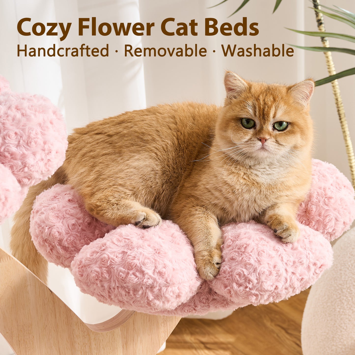 Hittite Aesthetic Flower Cat Tree Tower with Scratching Post for Indoor Cats, 48" Modern Cat Tree with Wood Sculpted Branch, Flower Cat Beds, Scratching Board & Interactive Squeaky Toy
