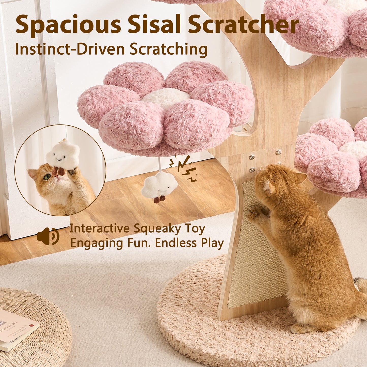 Hittite Aesthetic Flower Cat Tree Tower with Scratching Post for Indoor Cats, 48" Modern Cat Tree with Wood Sculpted Branch, Flower Cat Beds, Scratching Board & Interactive Squeaky Toy