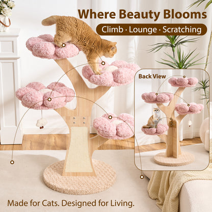 Hittite Aesthetic Flower Cat Tree Tower with Scratching Post for Indoor Cats, 48" Modern Cat Tree with Wood Sculpted Branch, Flower Cat Beds, Scratching Board & Interactive Squeaky Toy