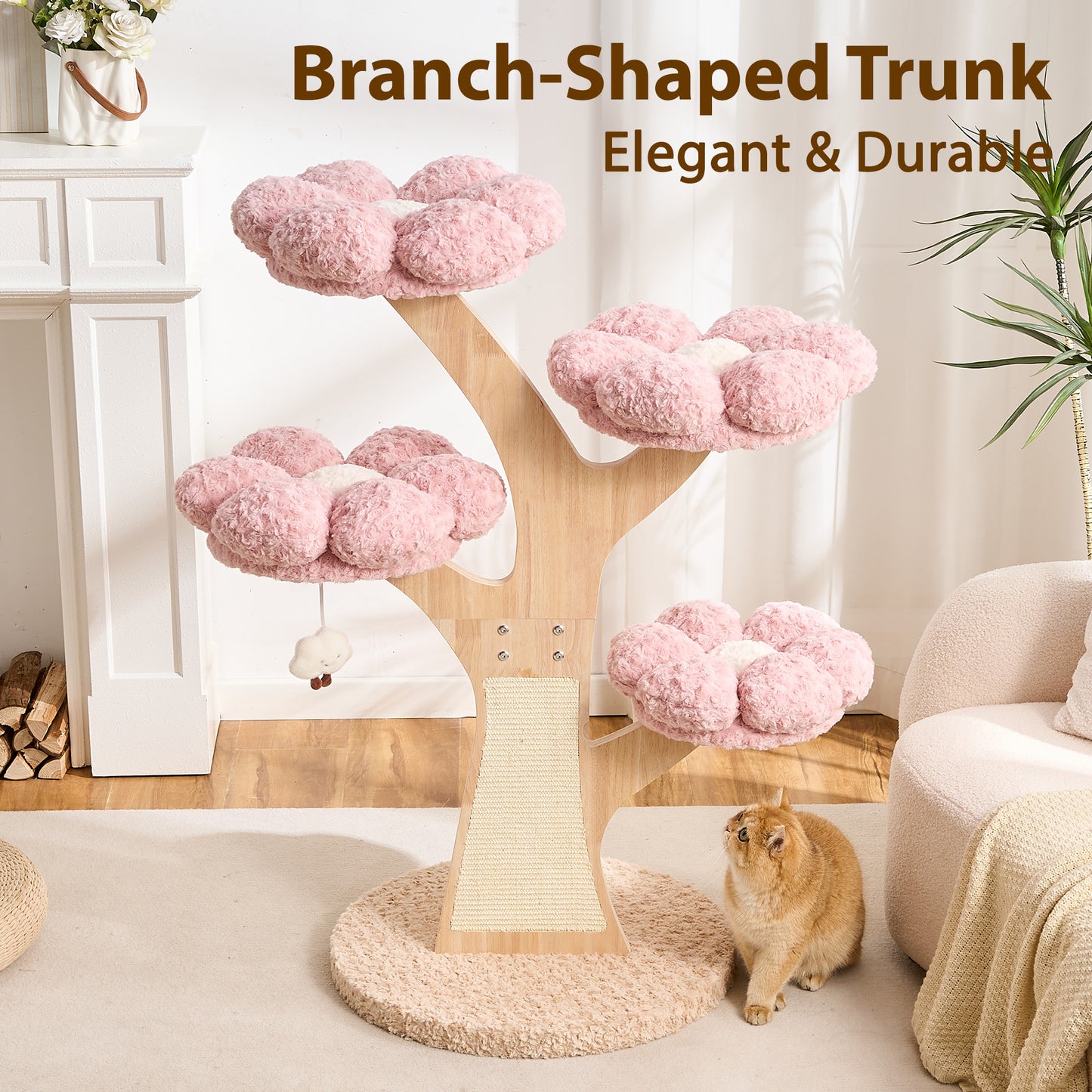 Hittite Aesthetic Flower Cat Tree Tower with Scratching Post for Indoor Cats, 48" Modern Cat Tree with Wood Sculpted Branch, Flower Cat Beds, Scratching Board & Interactive Squeaky Toy